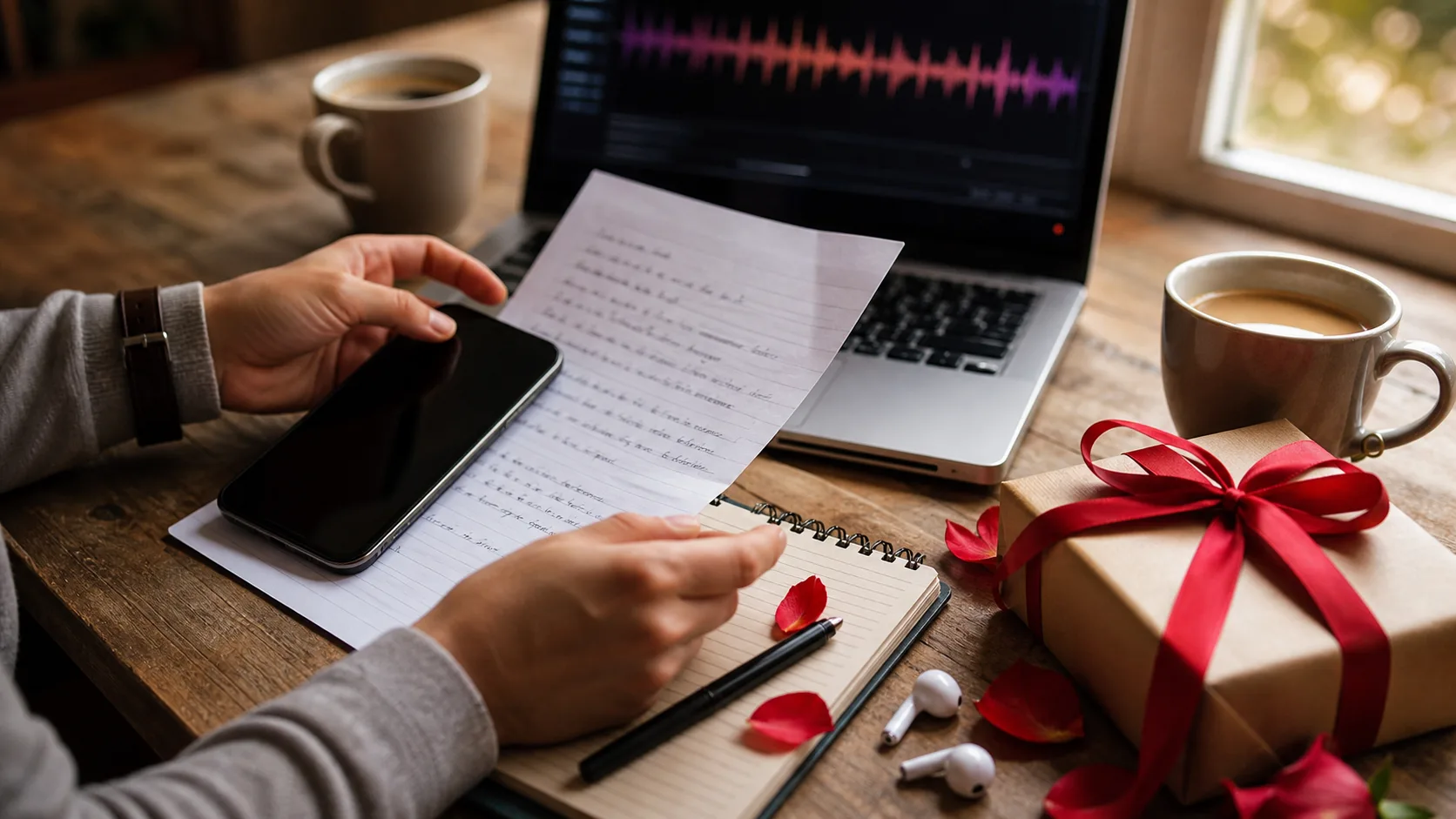 Brief per Canzone Personalizzata di San Valentino Mani che preparano una sorpresa musicale personalizzata con testo, telefono, auricolari e regalo