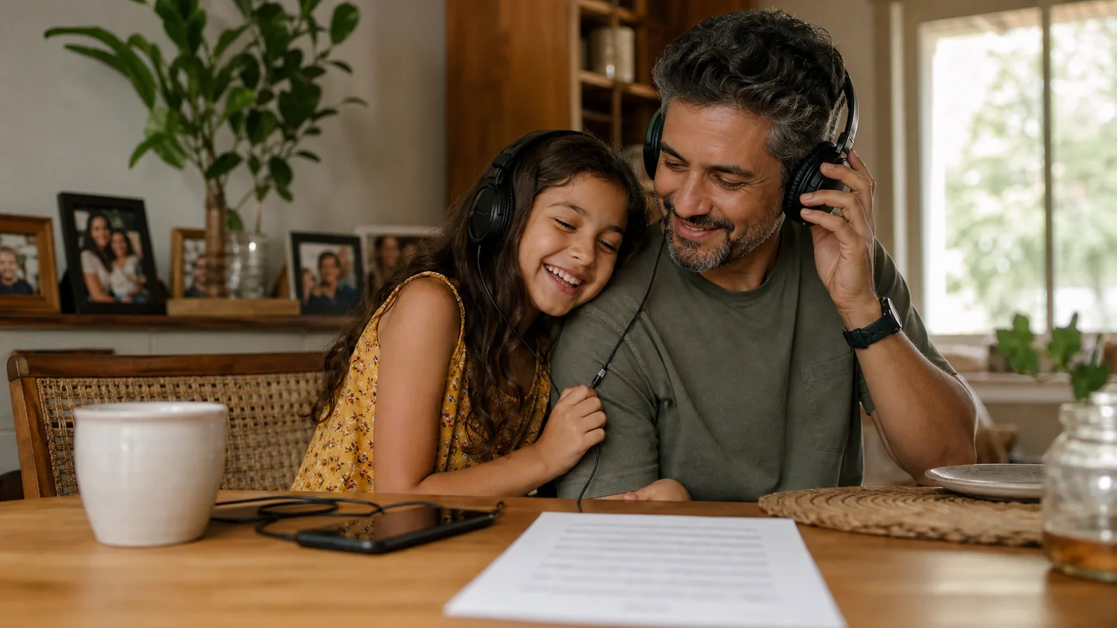 Pai e filha em casa compartilhando uma música personalizada para o Dia dos Pais
