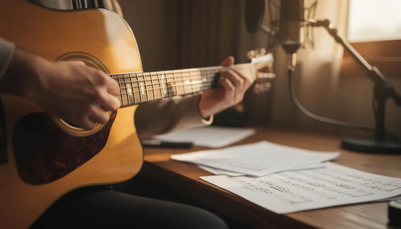 Músico cristão compondo canção personalizada em estúdio aconchegante com violão e partituras