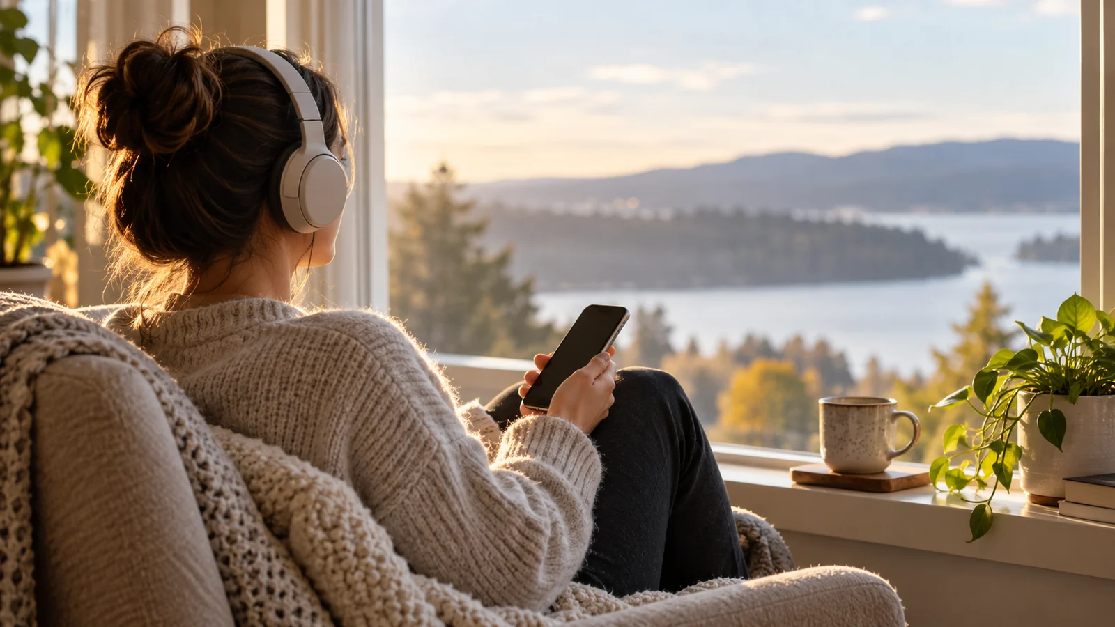 Pessoa ouvindo música com fones de ouvido em casa
