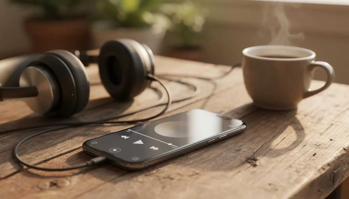 Smartphone com fones de ouvido e café em mesa rústica, atmosfera acolhedora de quem ouve música personalizada
