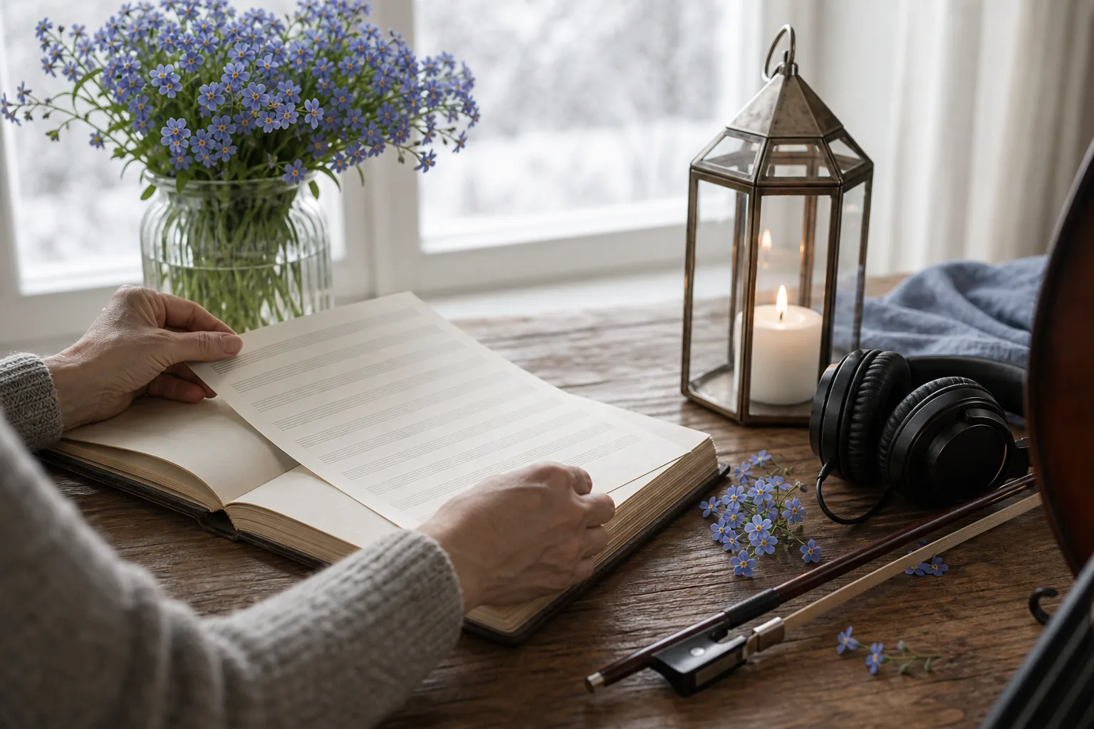 Familienerinnerungen für ein personalisiertes Erinnerungslied Hände legen Noten und ein Erinnerungsbuch neben Kerze, Blumen und Kopfhörer für ein personalisiertes Erinnerungslied