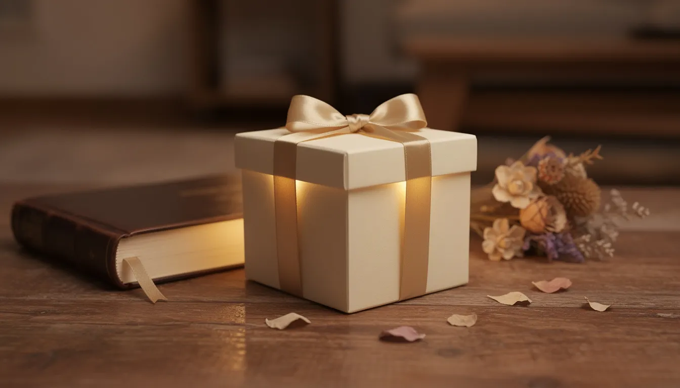 Presente de música personalizada com caixa dourada ao lado de Bíblia e flores secas