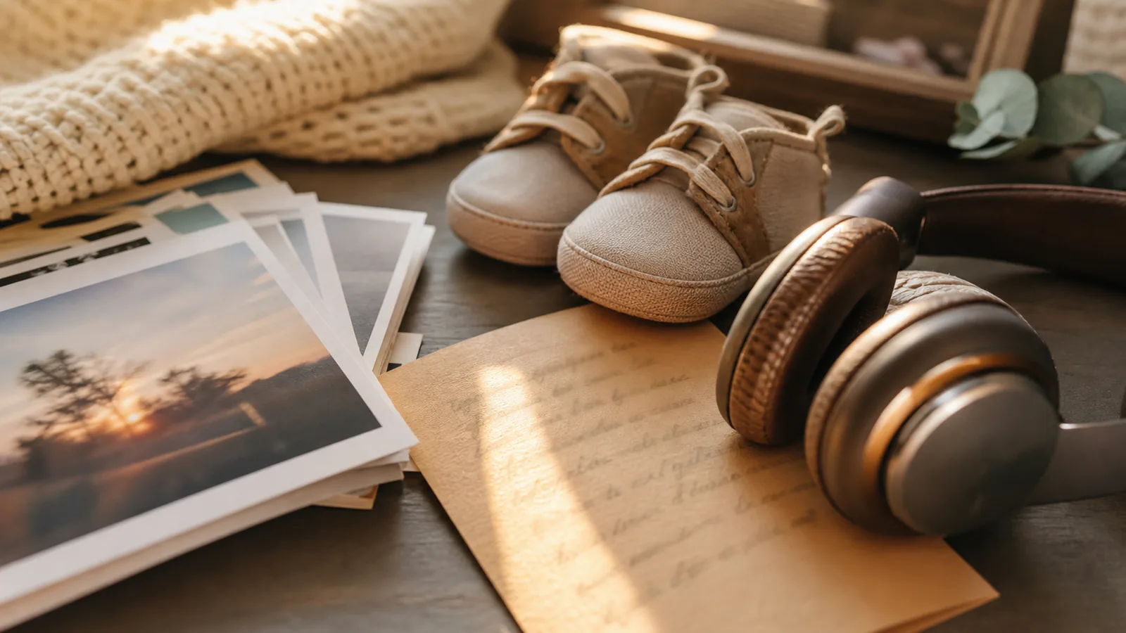 A Song of Belonging supporting image showing a close-up of family photo corners, baby shoes, headphones, and a warm handwritten card with blurred writing.