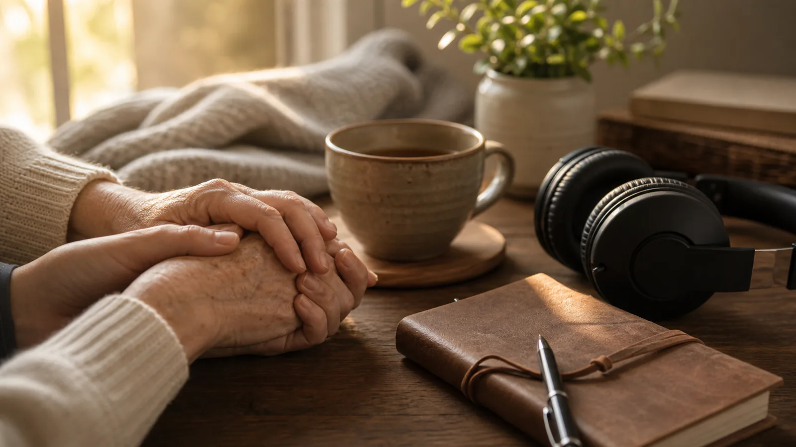 Strength for the Journey supporting image showing a close-up of supportive hands near a tea cup, headphones, a caregiver journal, and soft morning light.