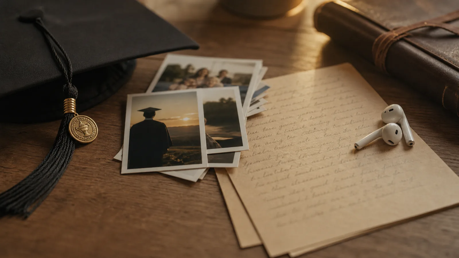 The Commissioning supporting image showing a close-up of tassel, family photos, and a handwritten commissioning note beside earbuds.