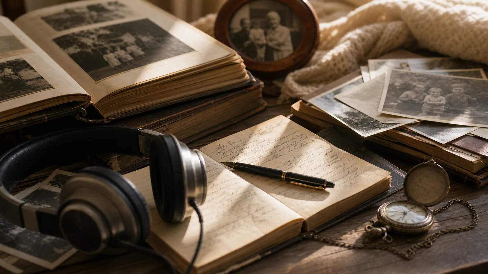 The Heritage of Faith supporting image showing a close-up of old photo albums, pocket watch, headphones, and handwritten legacy notes.