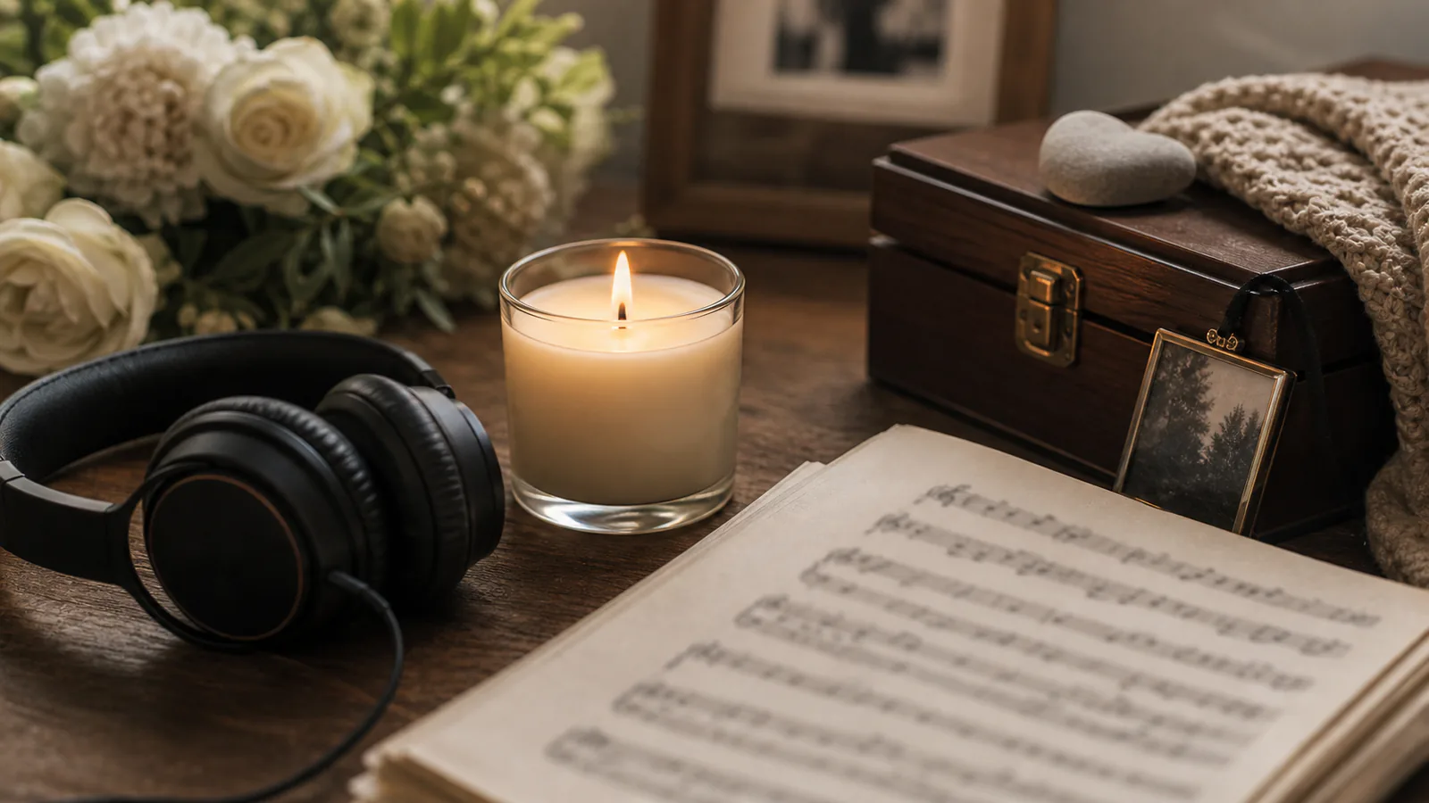 Honoring a Legacy Supporting Image Honoring a Legacy supporting image showing a close-up of a remembrance candle, sheet music, and keepsake box in calm neutral light.