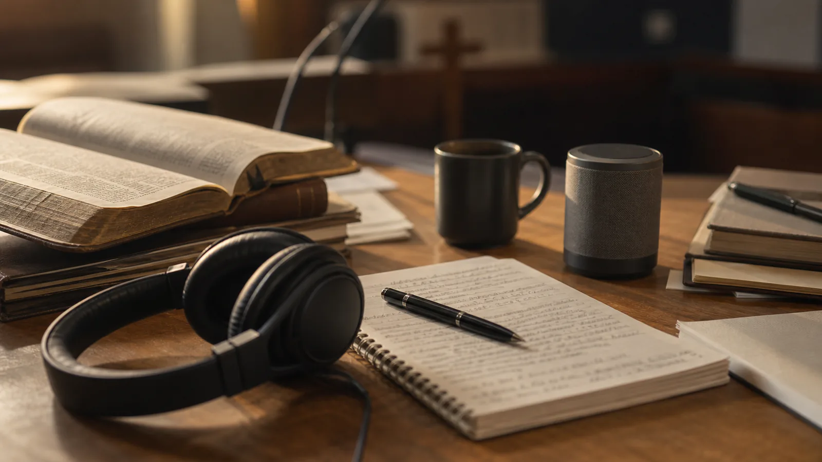 The Shepherd's Song supporting image showing a close-up of sermon notes blurred, coffee, headphones, and a small speaker in a church workspace.