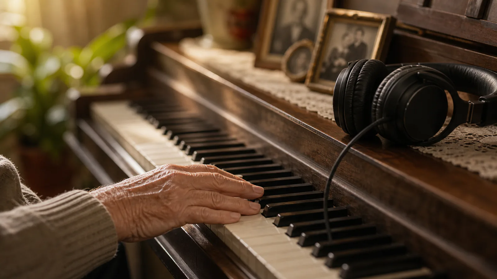 The Song that Remains supporting image showing a close-up of an elderly hand near piano keys and headphones, respectful and gentle.