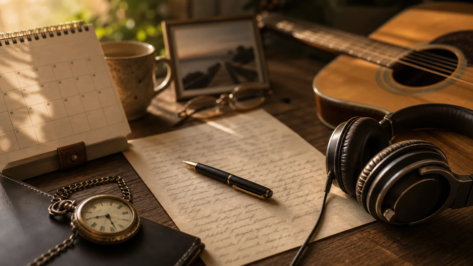 Well Done, Faithful Servant supporting image showing a close-up of a calendar page, watch, acoustic guitar, and tribute song notes with no readable text.