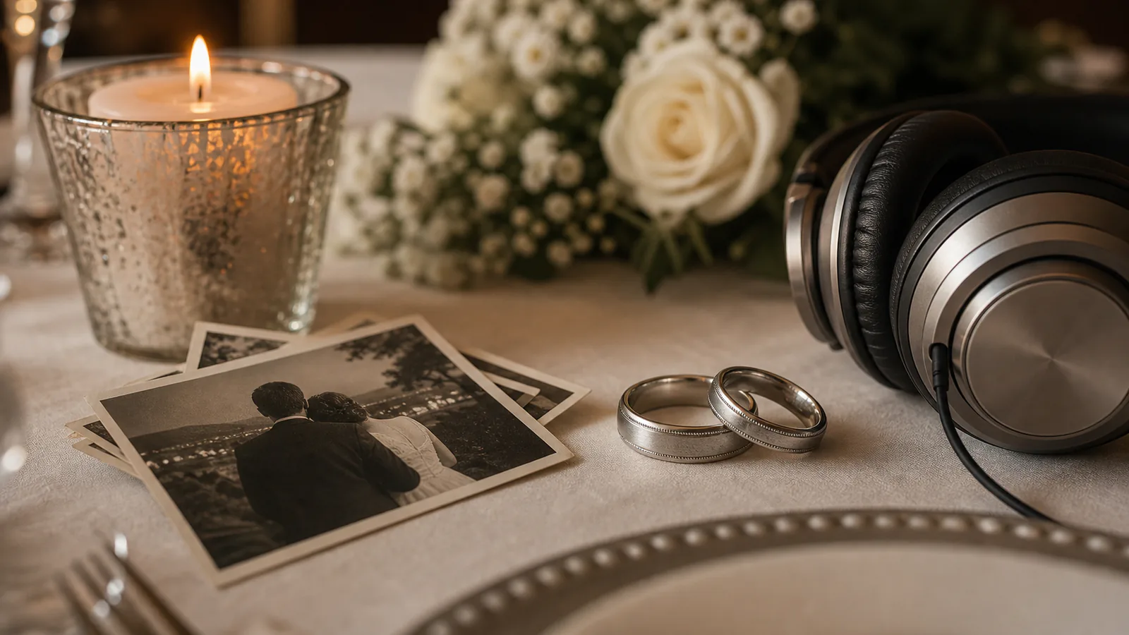 Hymns of Faithfulness supporting image showing a close-up of wedding rings, old photos, headphones, and candlelight on a dining table.