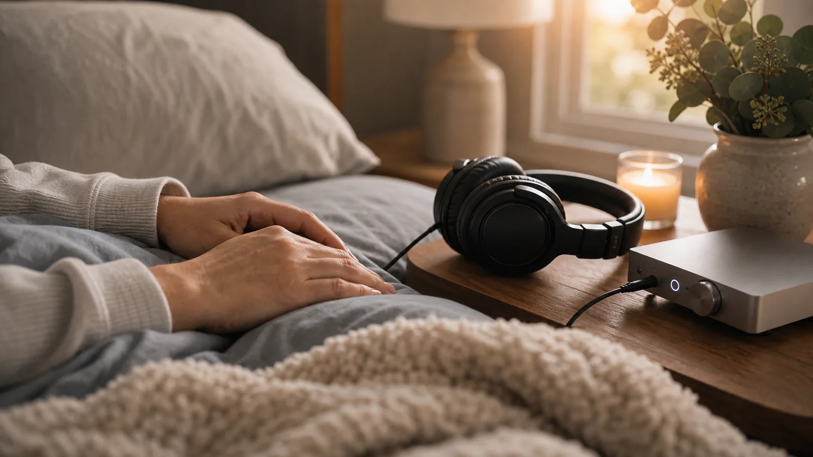 Finding Peace in the Night supporting image showing a close-up of hands resting near headphones and a calm music player, soft restorative light.
