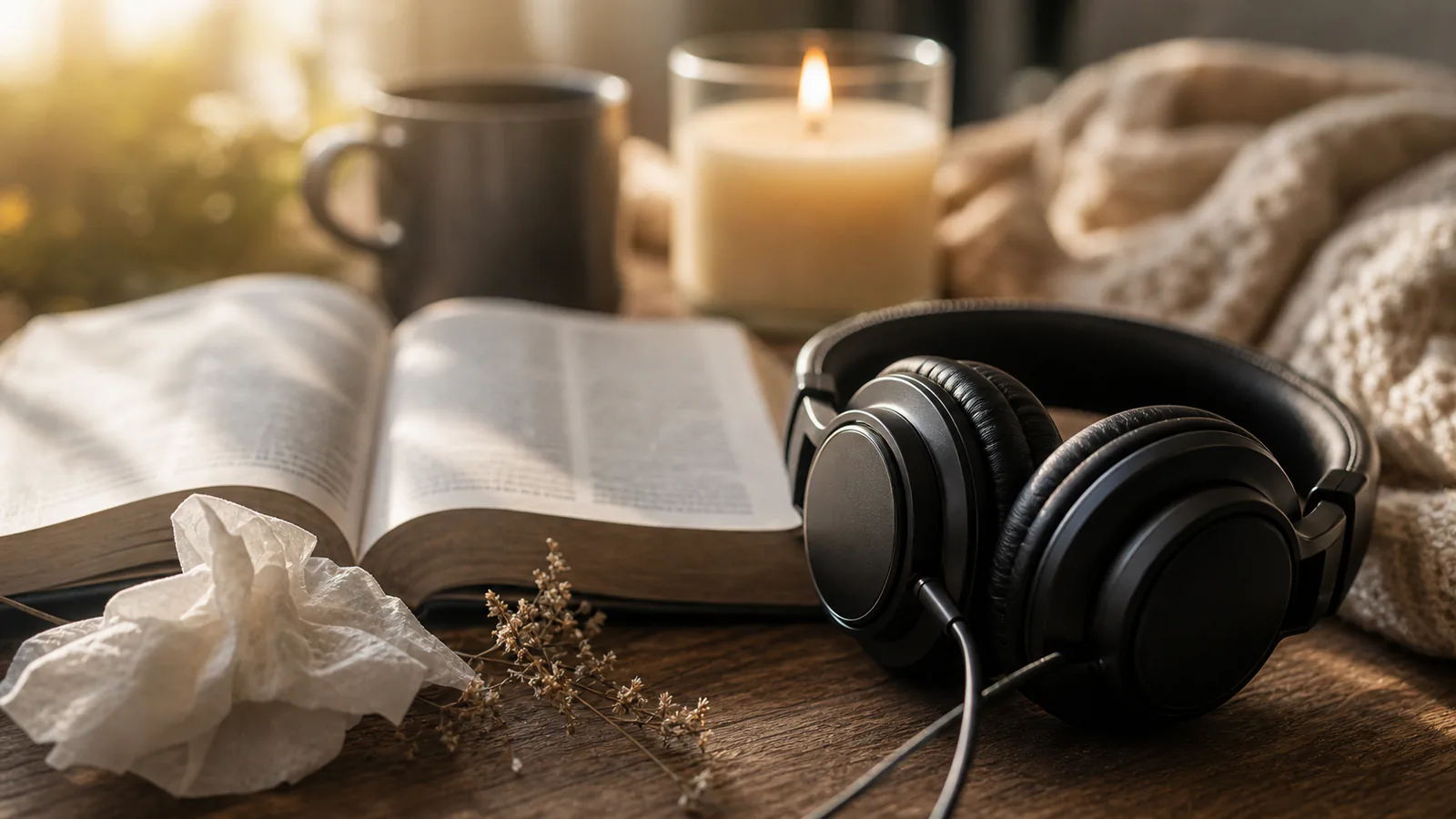 Hope from the Psalms supporting image showing a close-up of a candle, tissues, headphones, and an open Bible or poetry book with all words intentionally blurred.