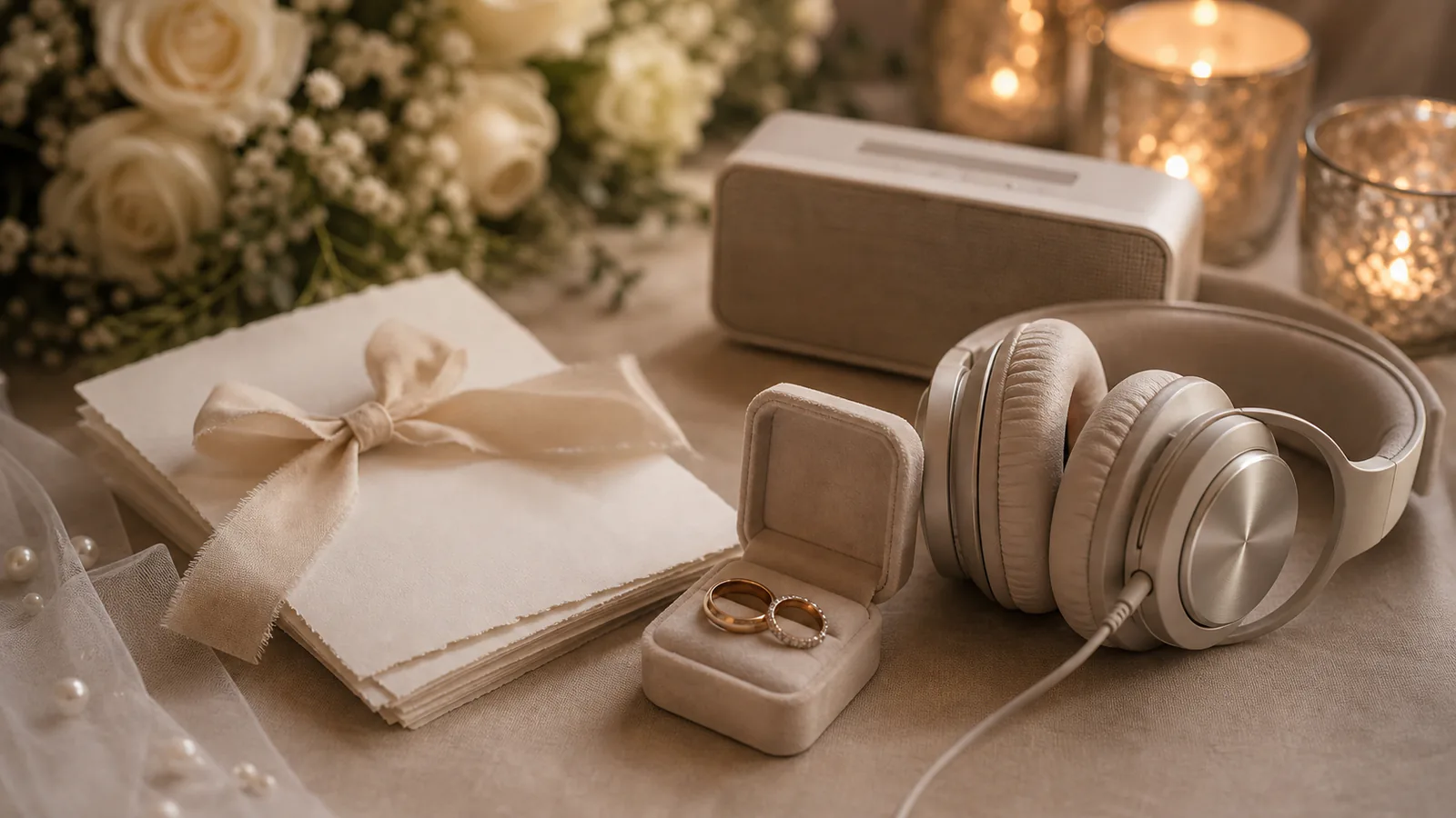 Why a Custom Worship Song is the Ultimate Wedding Vow Supporting Image Why a Custom Worship Song is the Ultimate Wedding Vow supporting image showing a close-up of vow cards, ring box, headphones, and floral details with no readable text.