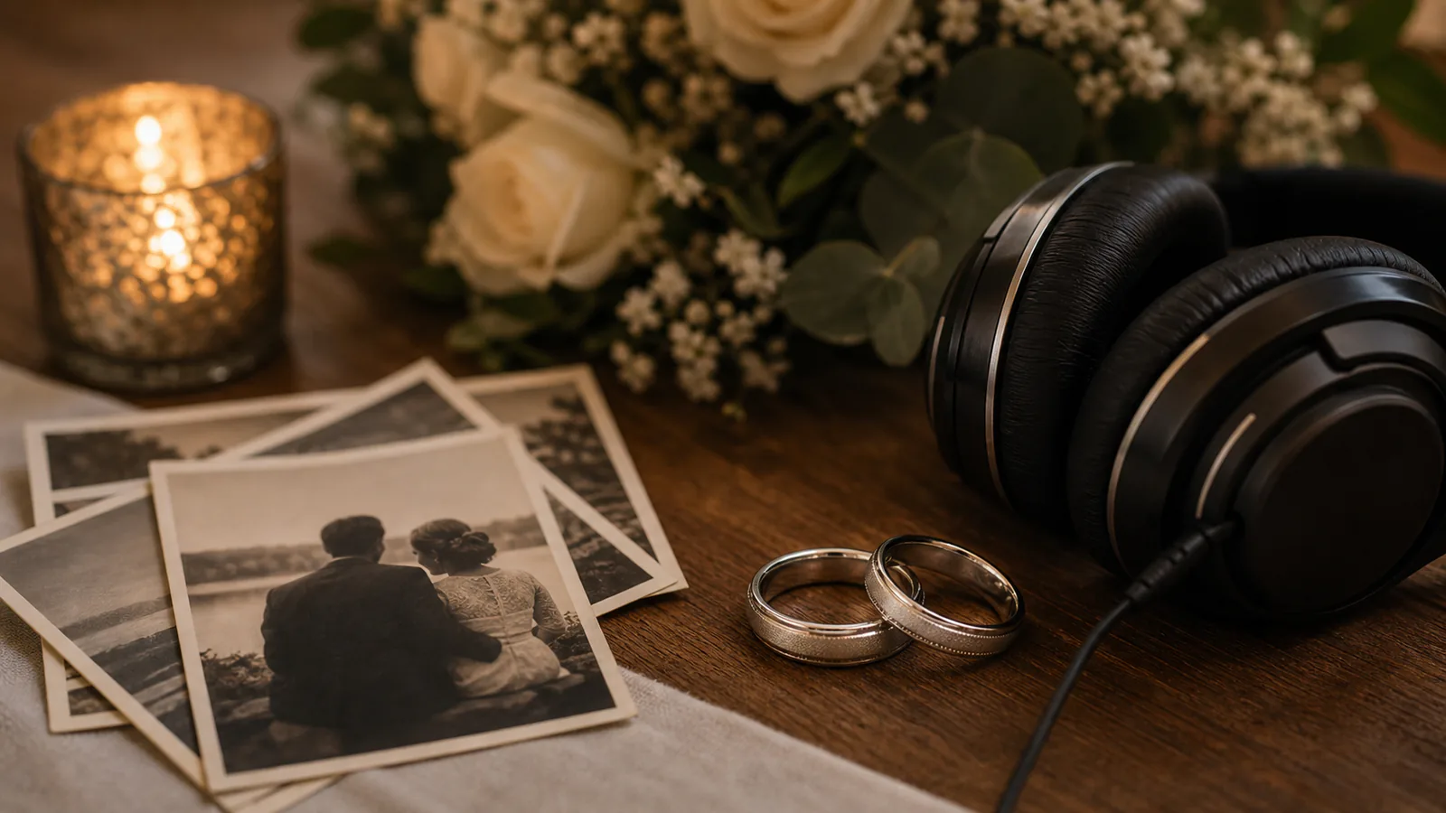 Custom Anniversary Song supporting image showing a close-up of wedding rings, old photos, headphones, and candlelight on a dining table.
