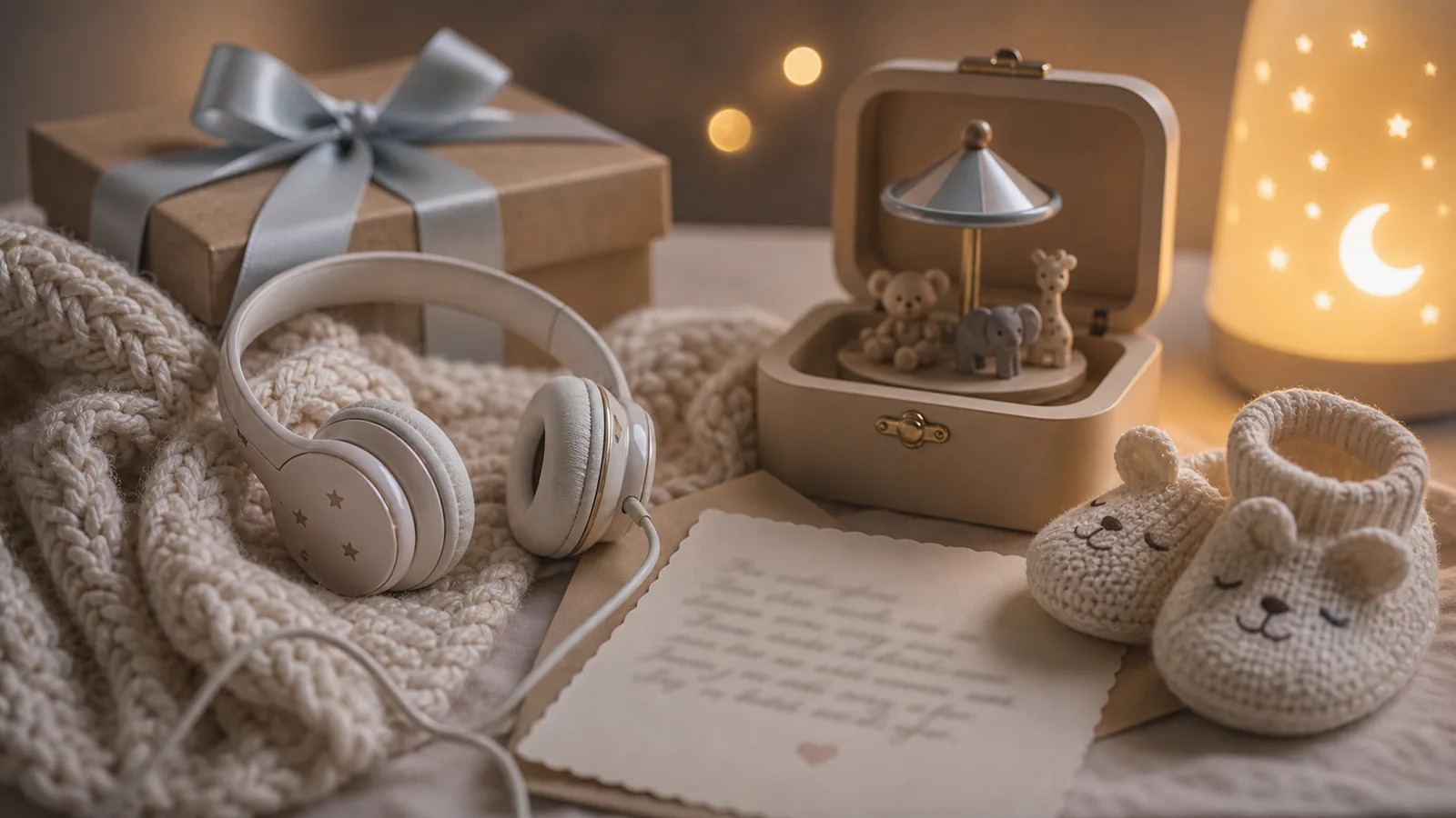 Custom Baby Shower Song supporting image showing a close-up of a baby blanket, music box, handwritten lullaby card, and moonlit lamp.
