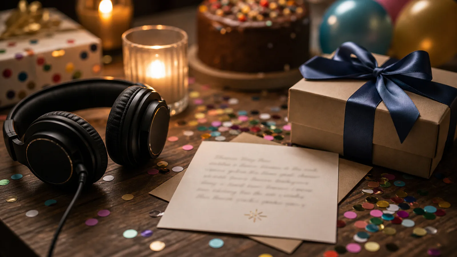 Custom Birthday Song supporting image showing a close-up of a birthday gift, headphones, and confetti around a custom song card with no readable words.