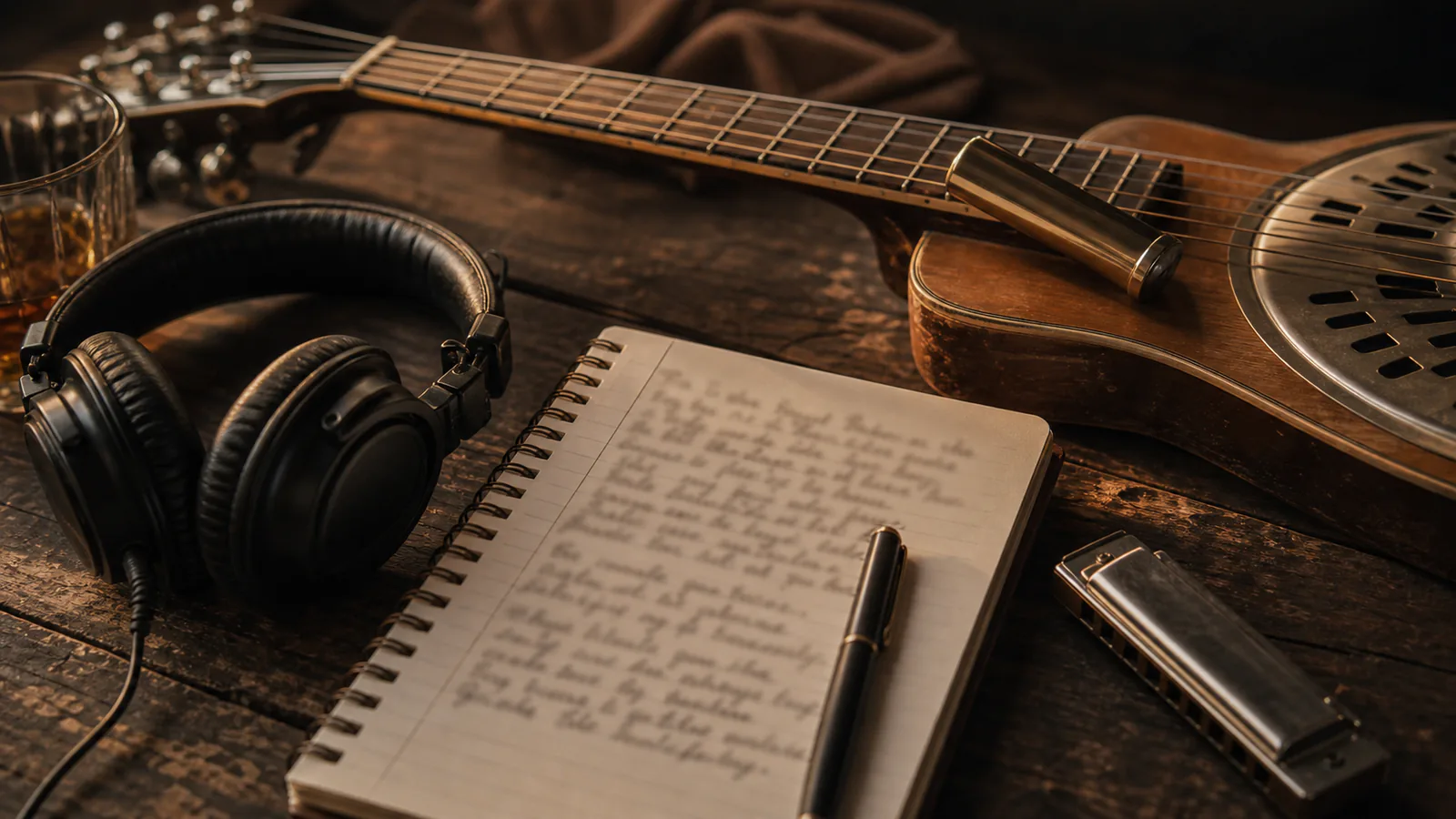 Custom Blues Song supporting image showing a close-up of a slide guitar, harmonica, and handwritten blues lyrics with text blurred.