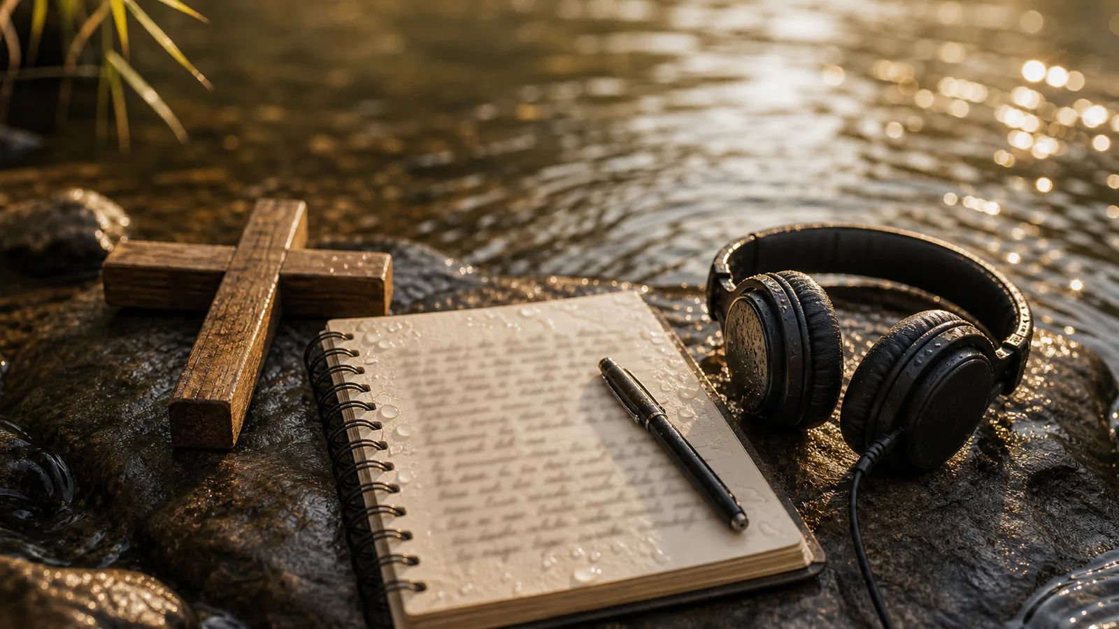 A New Song for a New Creation supporting image showing a close-up of water ripples, a simple wooden cross, and a music notebook on a riverbank.
