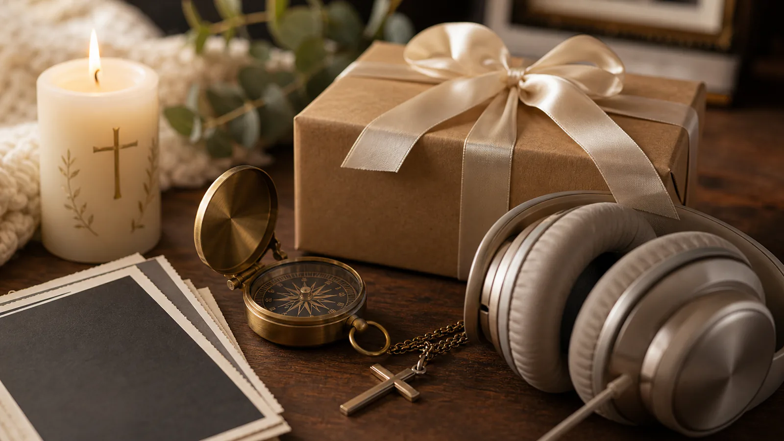 Beyond the Card supporting image showing a close-up of a godparent gift box, compass, baptism candle, headphones, and family photo corners, with no faces visible.