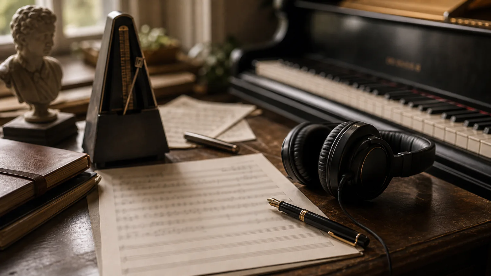 Custom Classical Song supporting image showing a close-up of a pianist hands-free composition desk with manuscript paper and metronome.