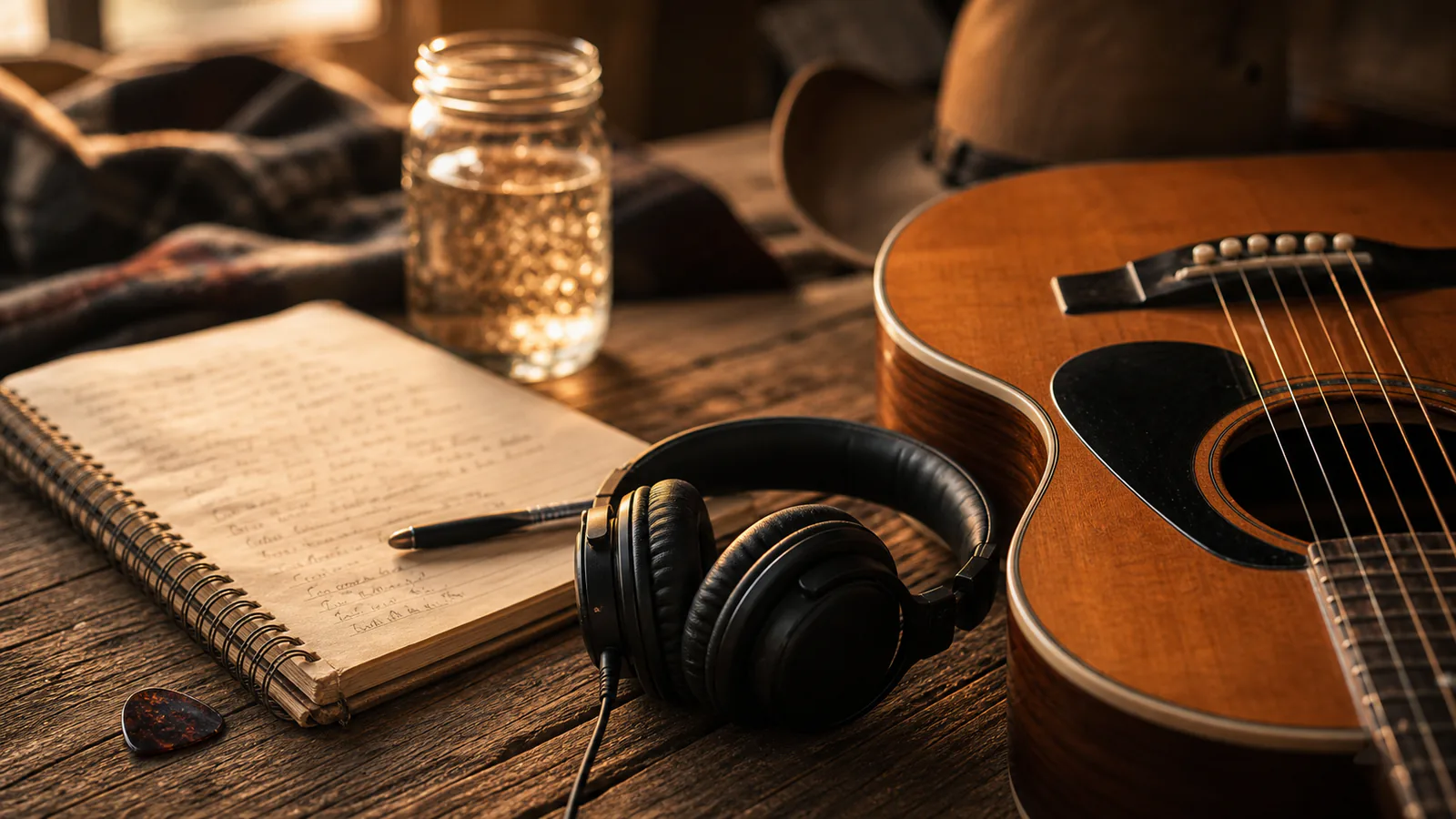 Custom Country Song supporting image showing a close-up of guitar strings, a worn notebook, and a mason jar on a wooden table.
