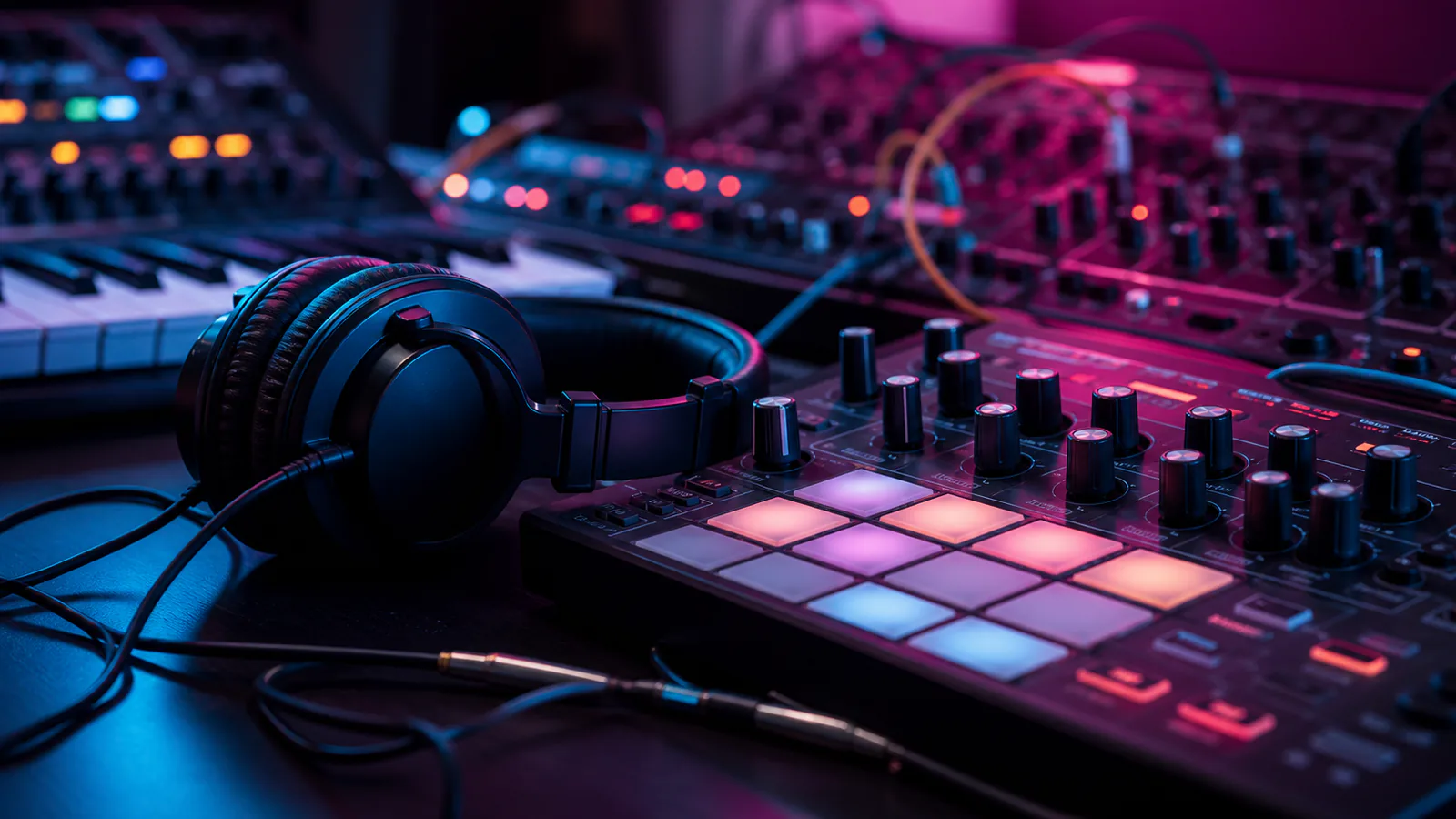 Custom Electronic Song supporting image showing a close-up of knobs, pads, headphones, and neon reflections in an electronic music studio.