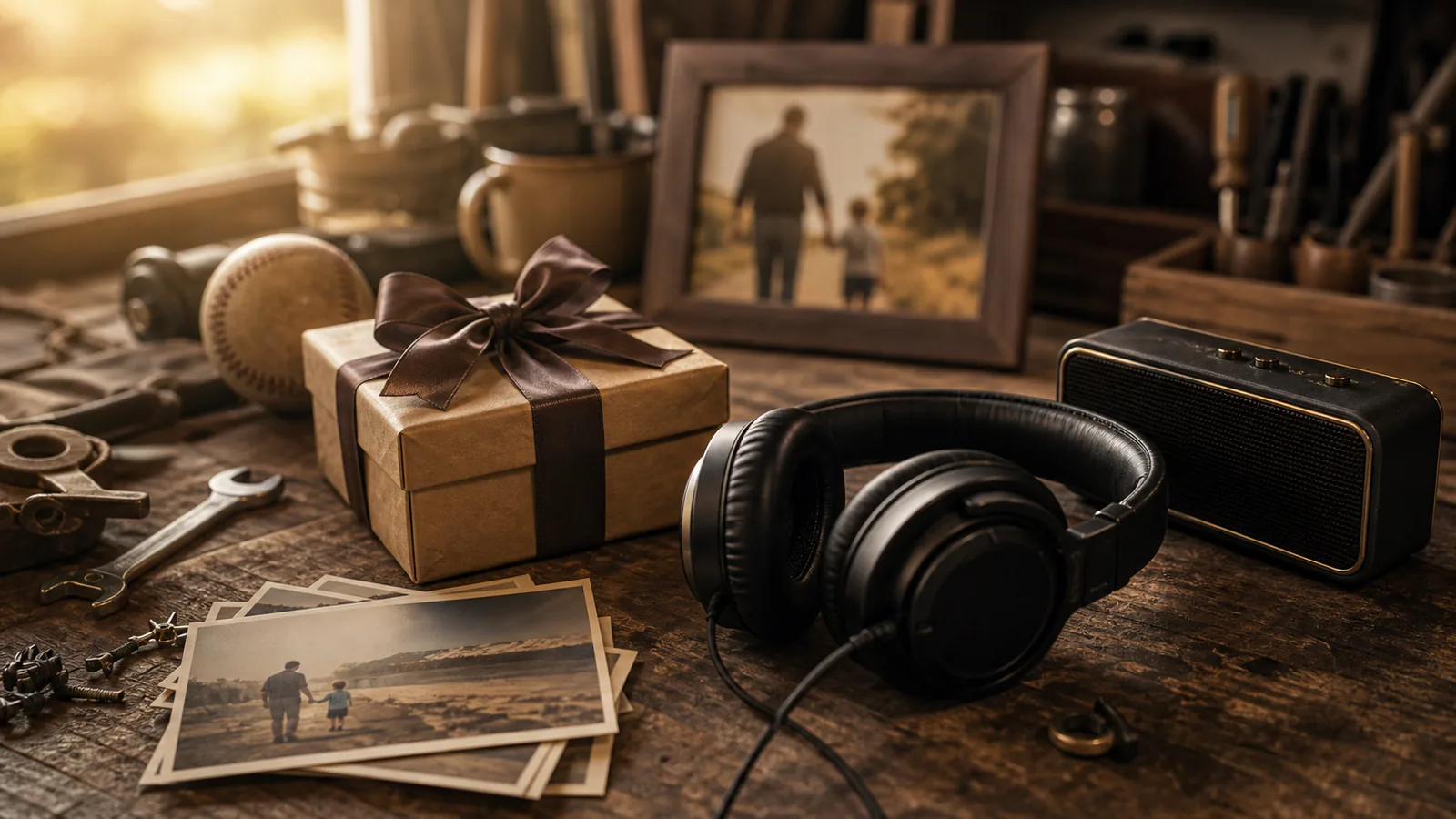 Custom Father's Day Song supporting image showing a close-up of workbench keepsakes, old photos, headphones, and a small speaker.