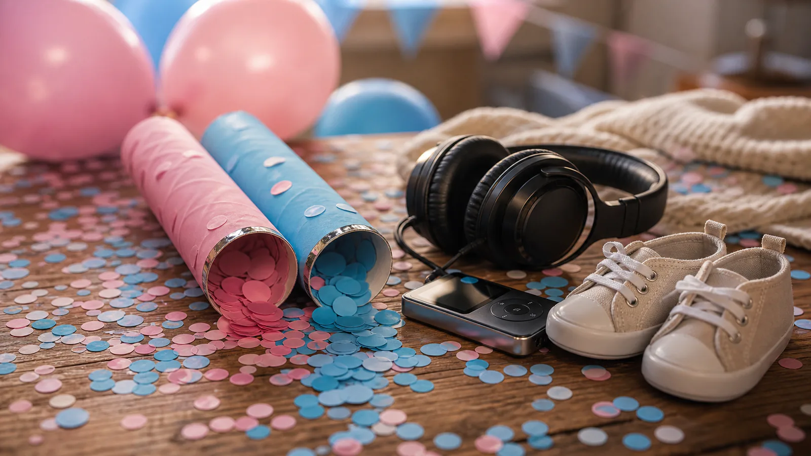 Custom Gender Reveal Song supporting image showing a close-up of pink and blue confetti cannons, tiny baby shoes, a music player, and headphones, with no readable writing.