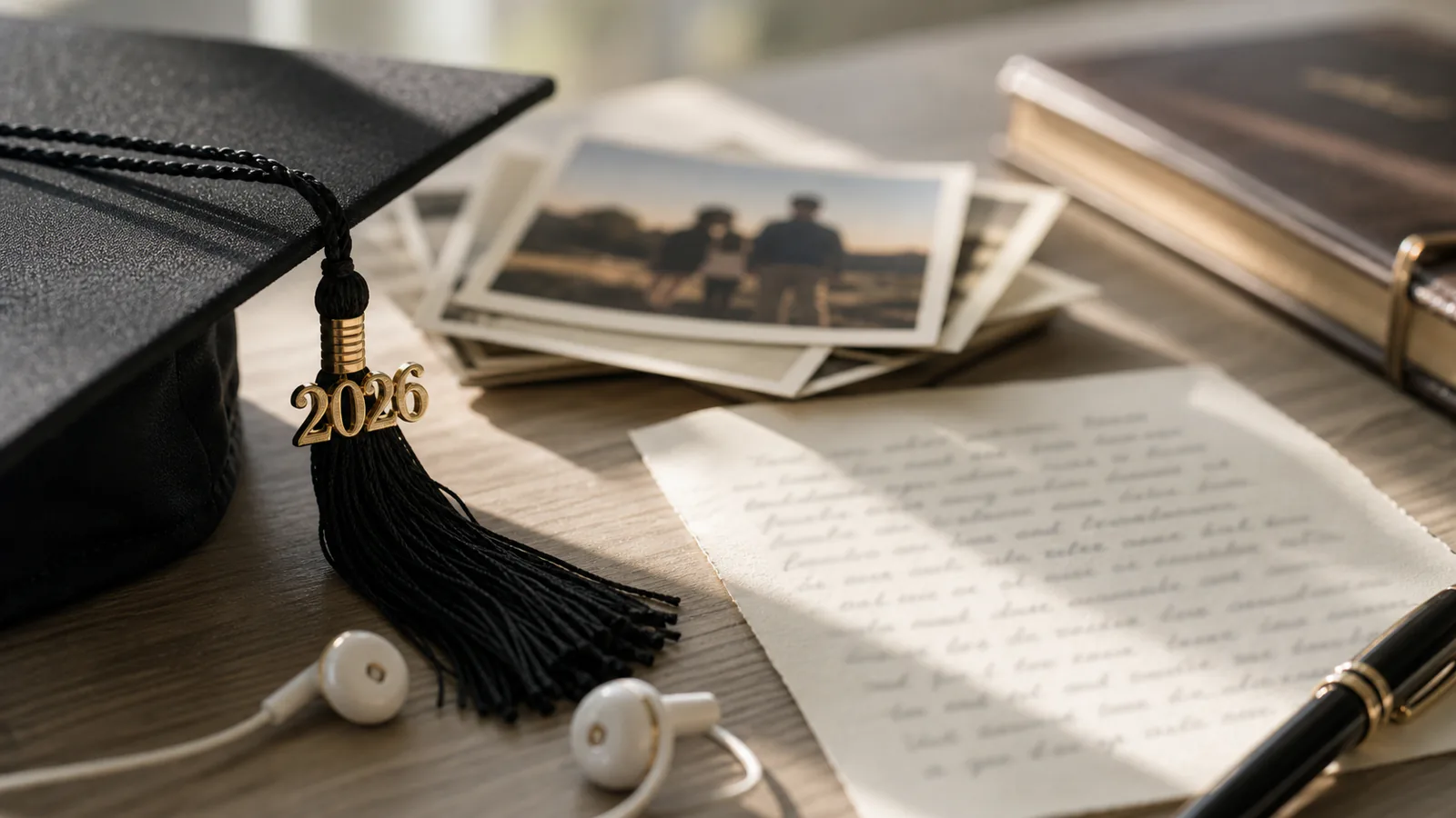 Custom Graduation Song supporting image showing a close-up of tassel, family photos, and a handwritten commissioning note beside earbuds.