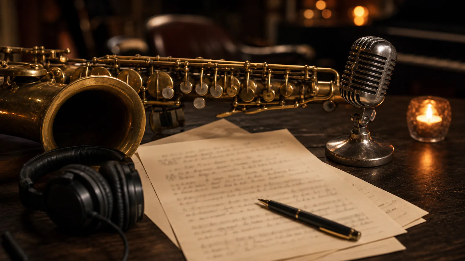 Custom Jazz Song supporting image showing a close-up of a brass saxophone, old microphone, and handwritten arrangement sheet.