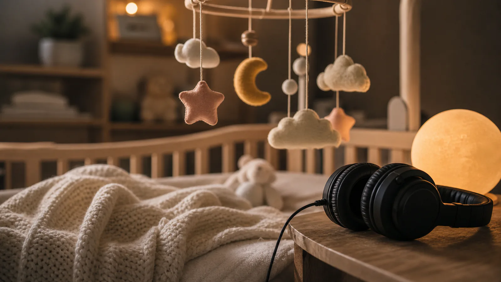 Custom Lullaby supporting image showing a close-up of a crib mobile, tiny blanket, headphones, and warm nightlight for a personalized lullaby.