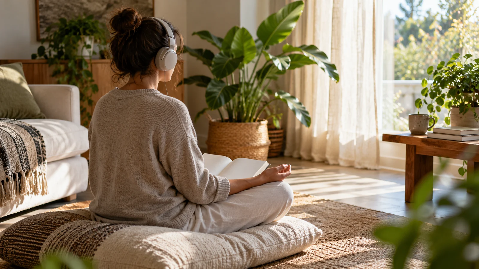 Custom Meditation Song Supporting Image Custom meditation song supporting image showing a person seated in a quiet corner with headphones, a notebook and soft natural light, face not identifiable.