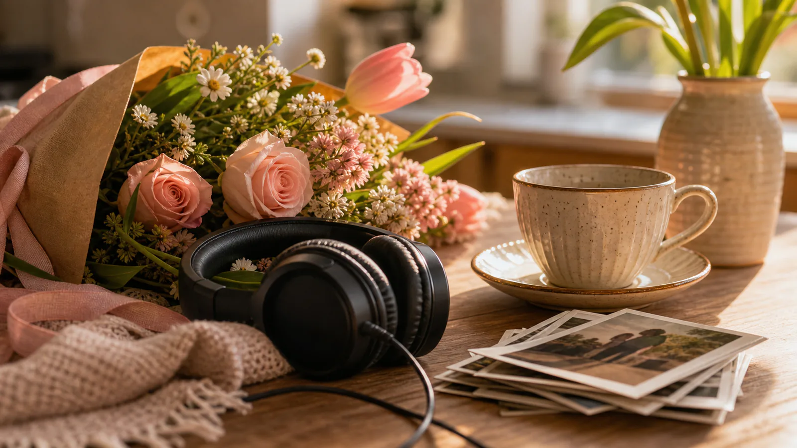 Custom Mother's Day Song supporting image showing a close-up of flowers, headphones, teacup, and a family photo stack on a table.