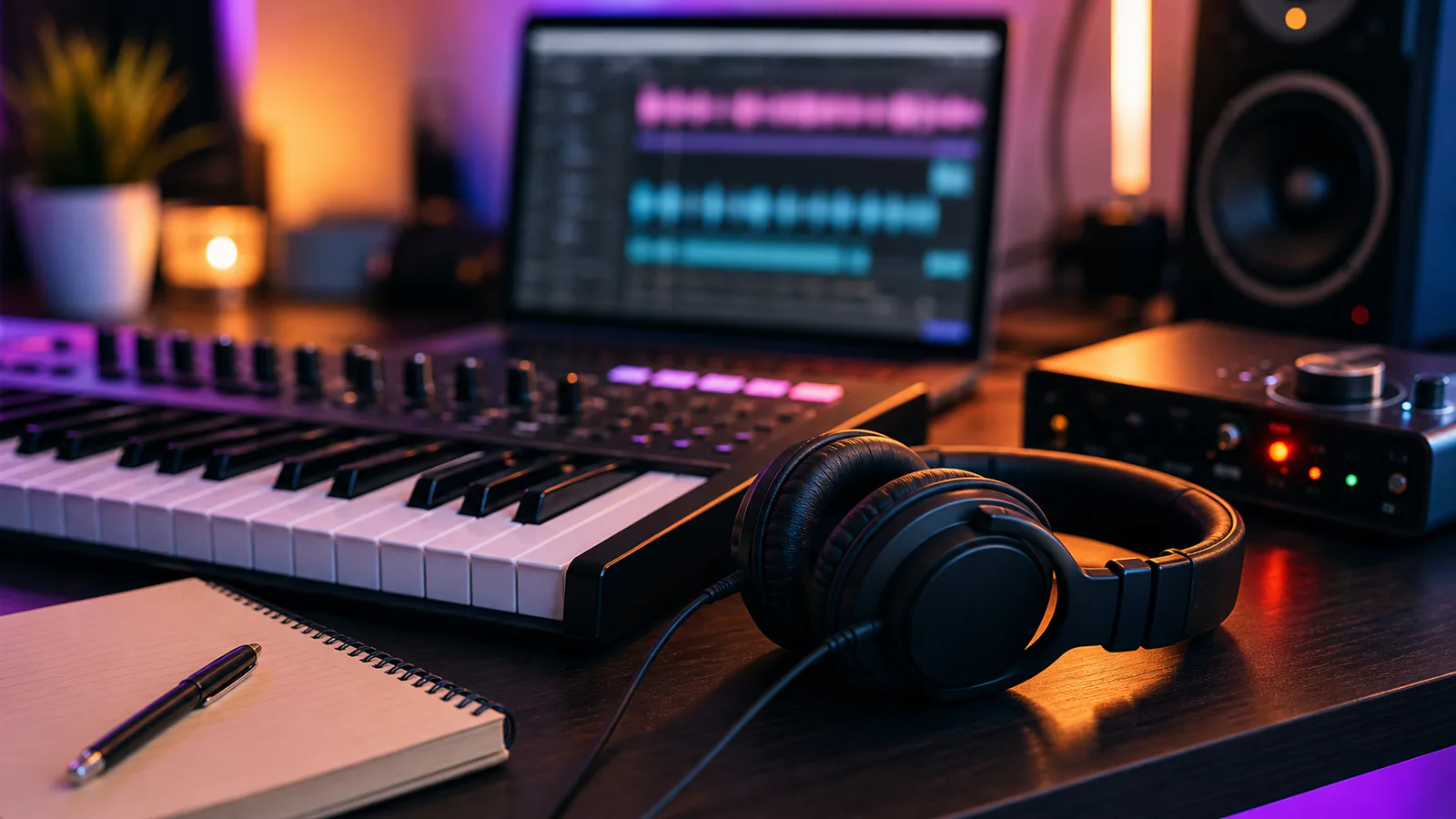 Custom Pop Song supporting image showing a polished pop production desk with synth keyboard, headphones, and vibrant soft lighting.