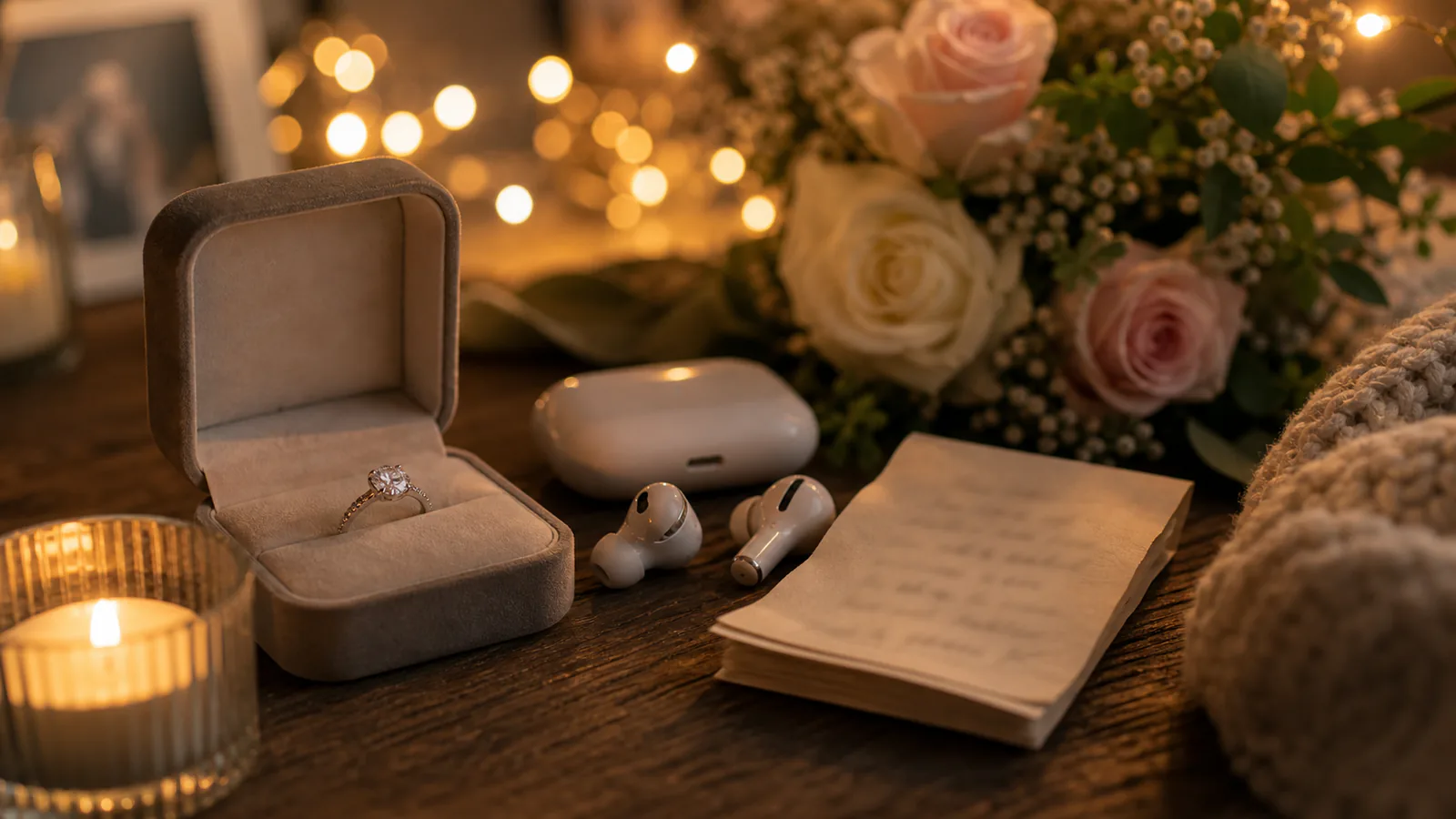 Custom Proposal Song supporting image showing a close-up of a ring box, earbuds, folded memory note with all writing blurred, and soft evening string lights.