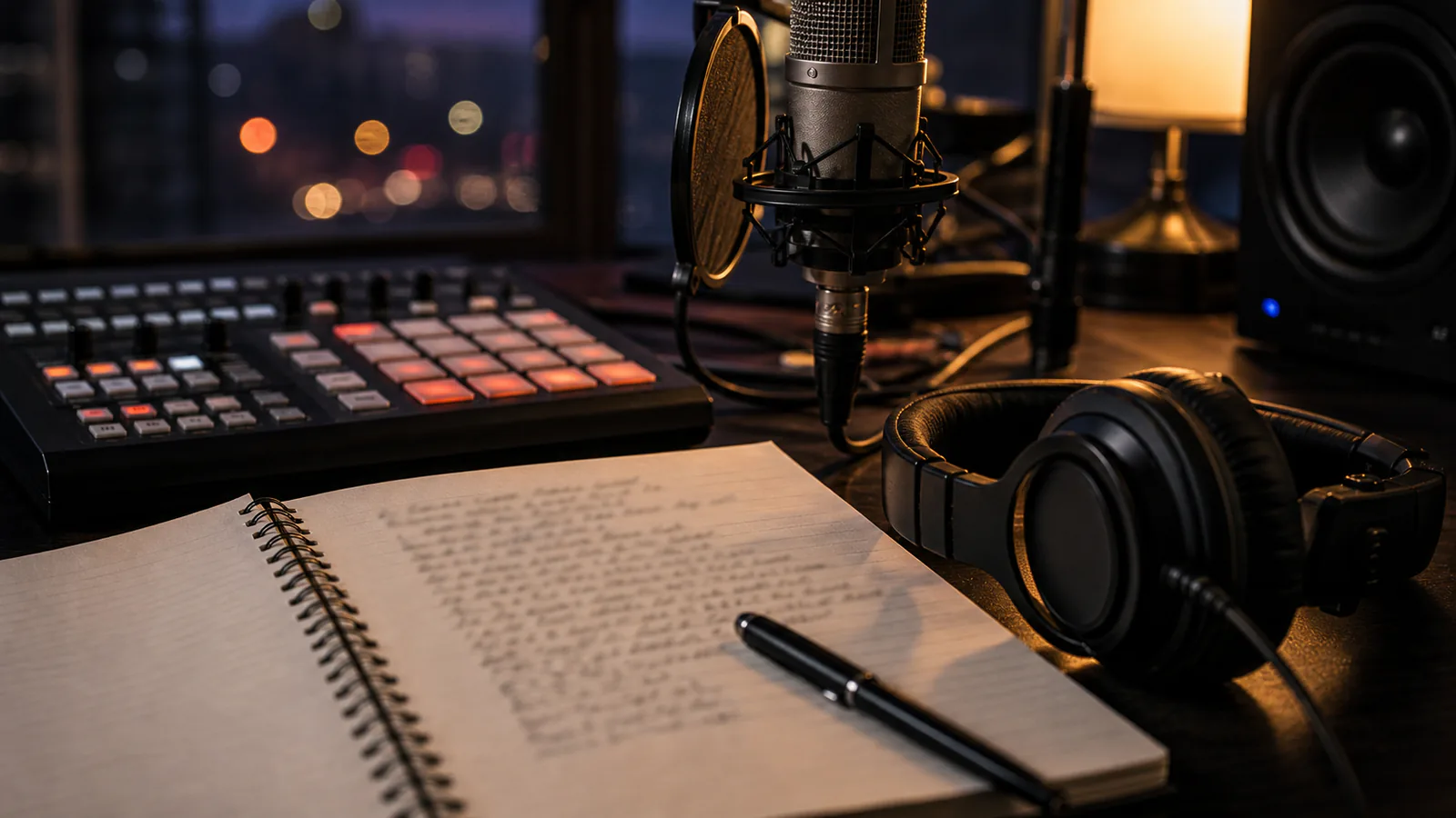 Custom Rap Song supporting image showing a close-up of a beat pad, mic, and handwritten bars in a notebook with no readable text.