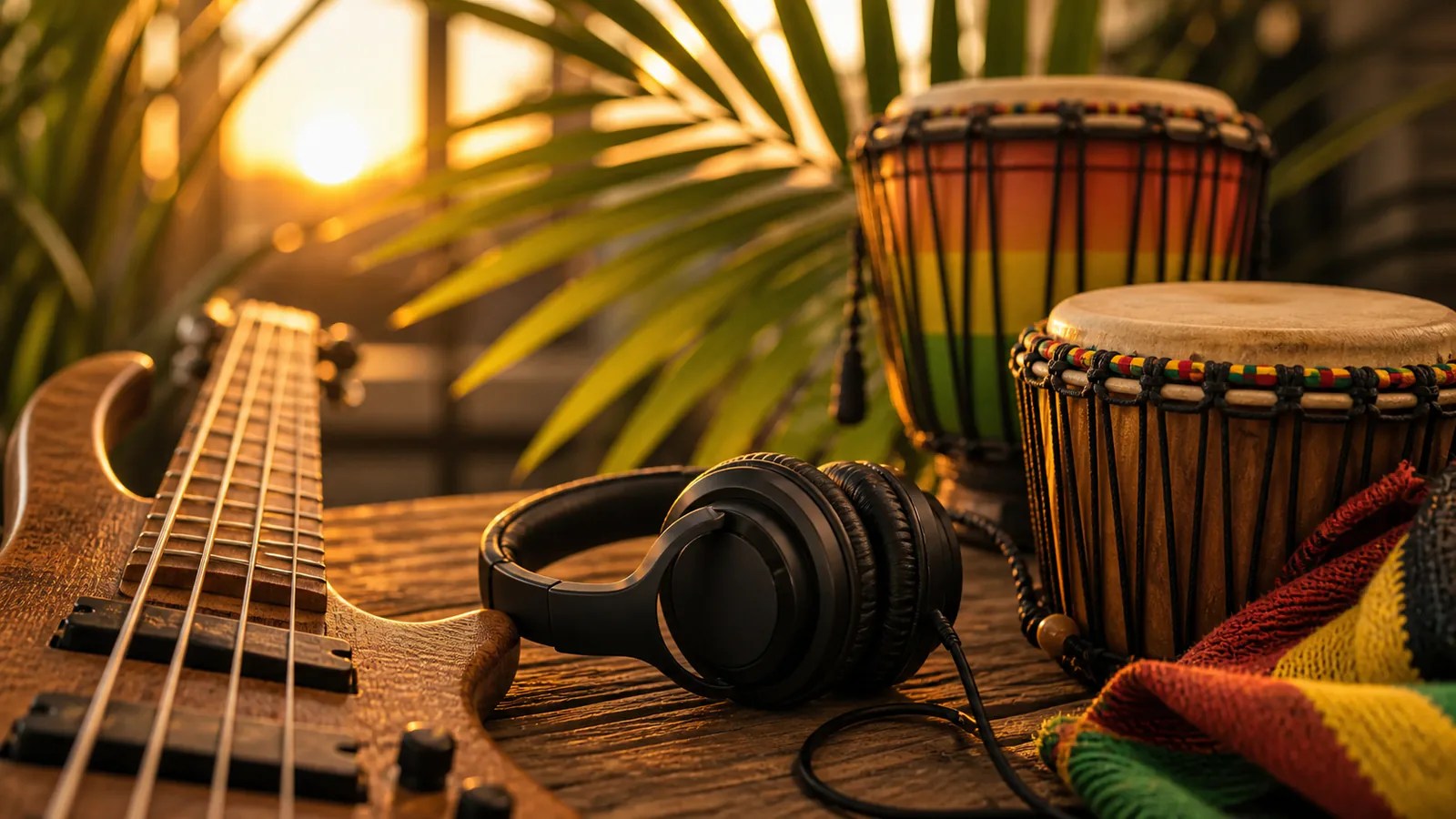 Custom Reggae Song supporting image showing a close-up of hand drums, bass guitar strings, and headphones on a wooden table.