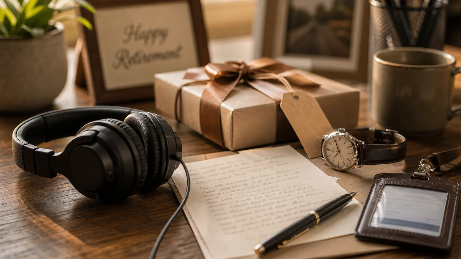 Custom Retirement Song supporting image showing a close-up of a watch, office badge turned away, headphones, farewell gift ribbon, and a custom tribute song note with blurred writing.