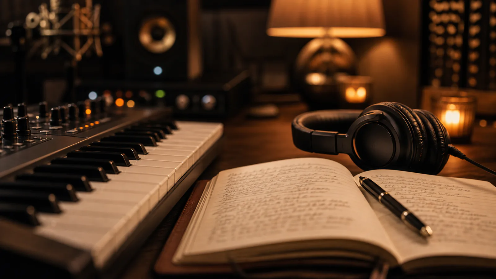 Custom R&B Song supporting image showing a close-up of a keyboard, lyric notebook, and warm studio lamp for an R&B session.