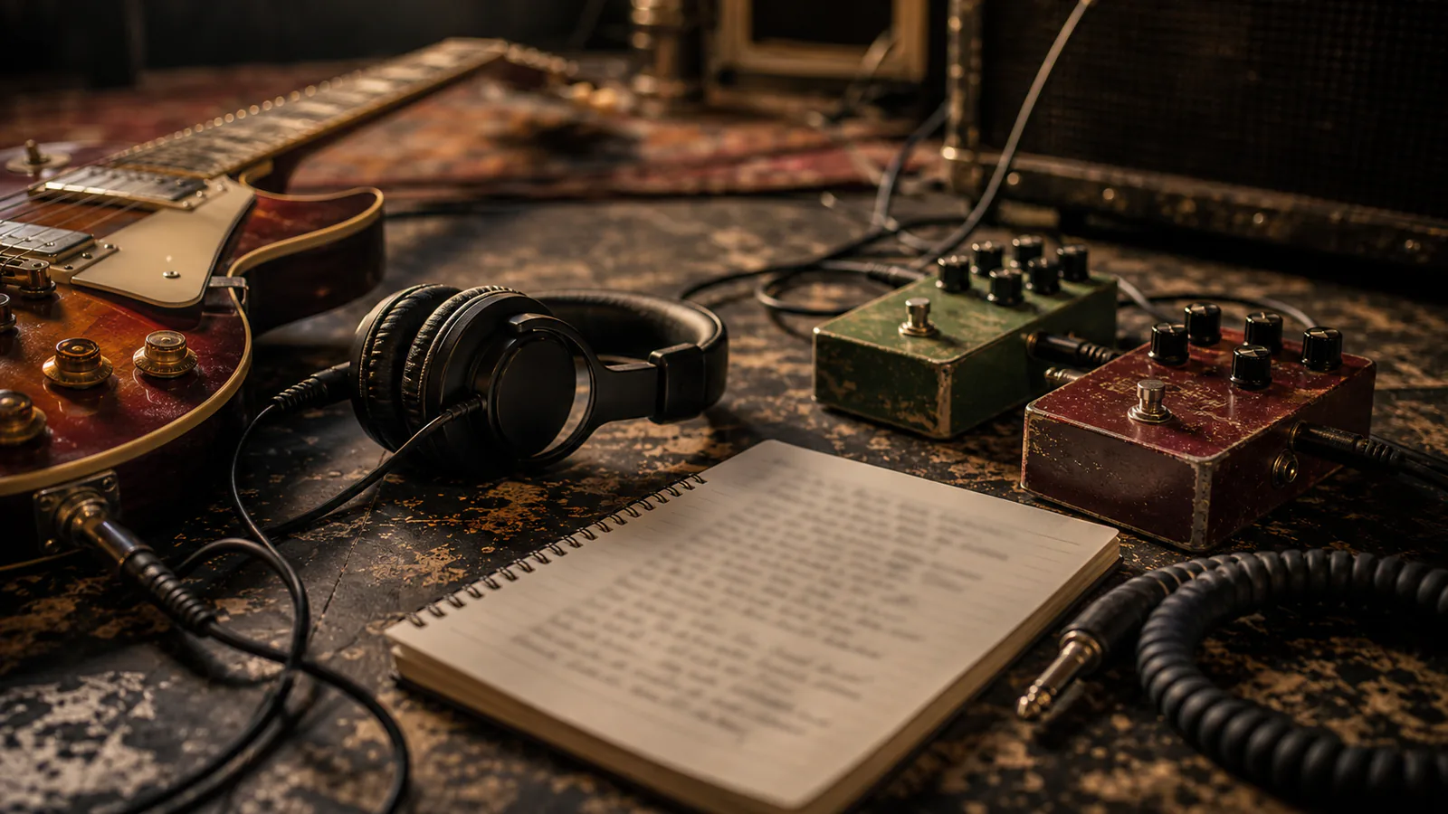 Custom Rock Song supporting image showing a close-up of guitar pedals, a lyric notebook, and headphones on a rehearsal-room floor.