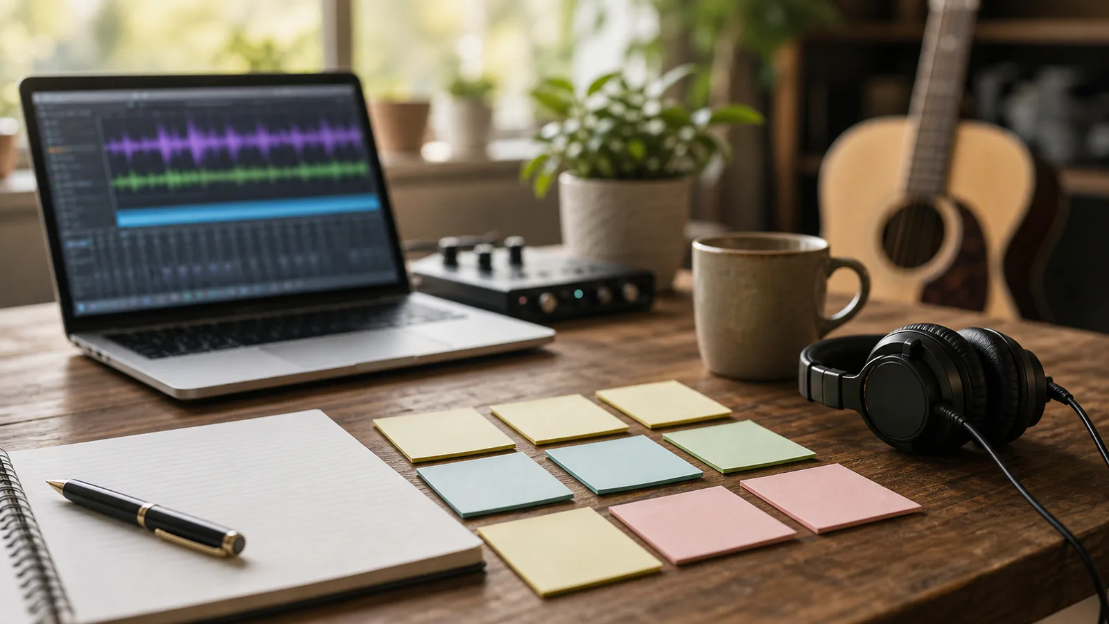 How Much Does a Custom Song Cost? The Pricing Guide supporting image showing a producer planning custom song packages with sticky notes, laptop waveform, and acoustic guitar in the background.