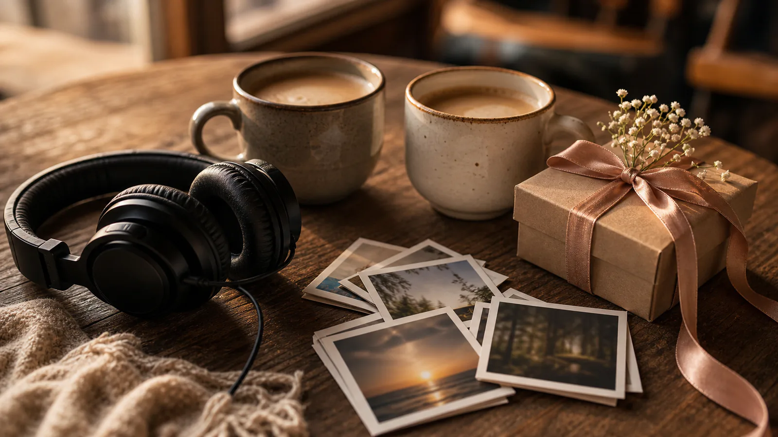 Custom Song for Best Friend supporting image showing a close-up of two coffee cups, headphones, friendship photos, and a gift ribbon.