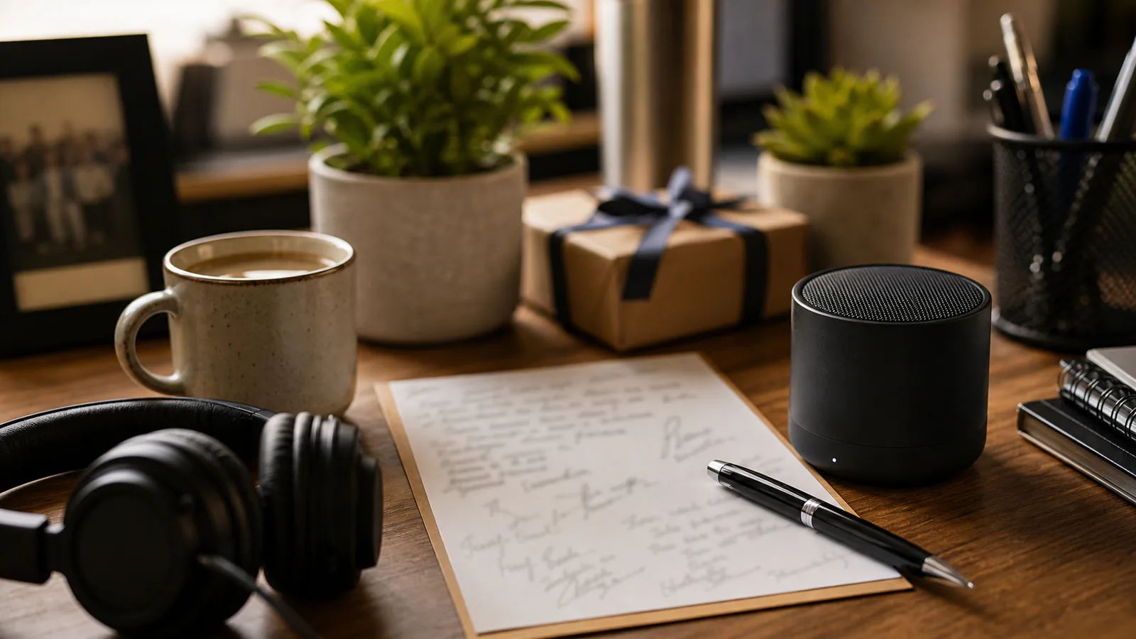 Custom Song for a Coworker supporting image showing a close-up of workplace keepsakes, a small speaker, and a signed card with blurred writing.