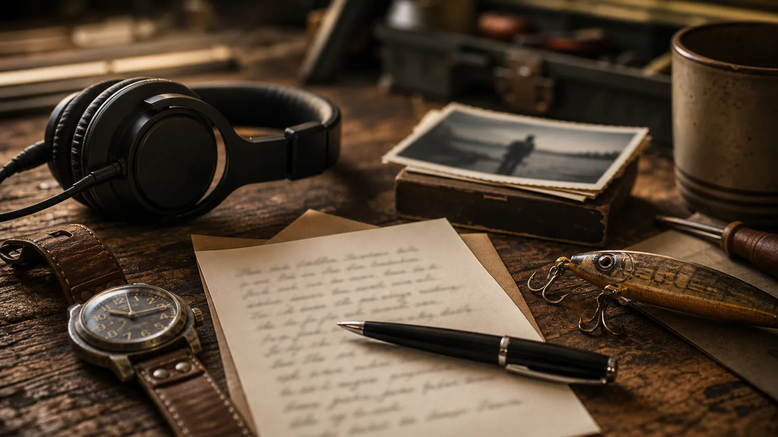 Custom Song for Dad supporting image showing a close-up of a worn watch, fishing lure, old family photo turned away, headphones, and a handwritten tribute card with blurred writing.