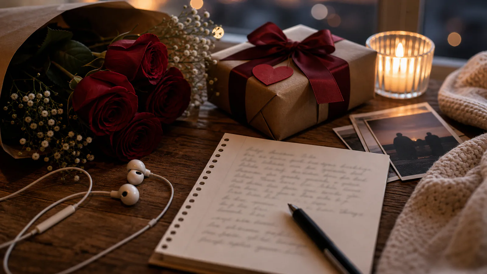 Custom Song for Girlfriend supporting image showing a close-up of roses, earbuds, and a handwritten memory list with no readable words.