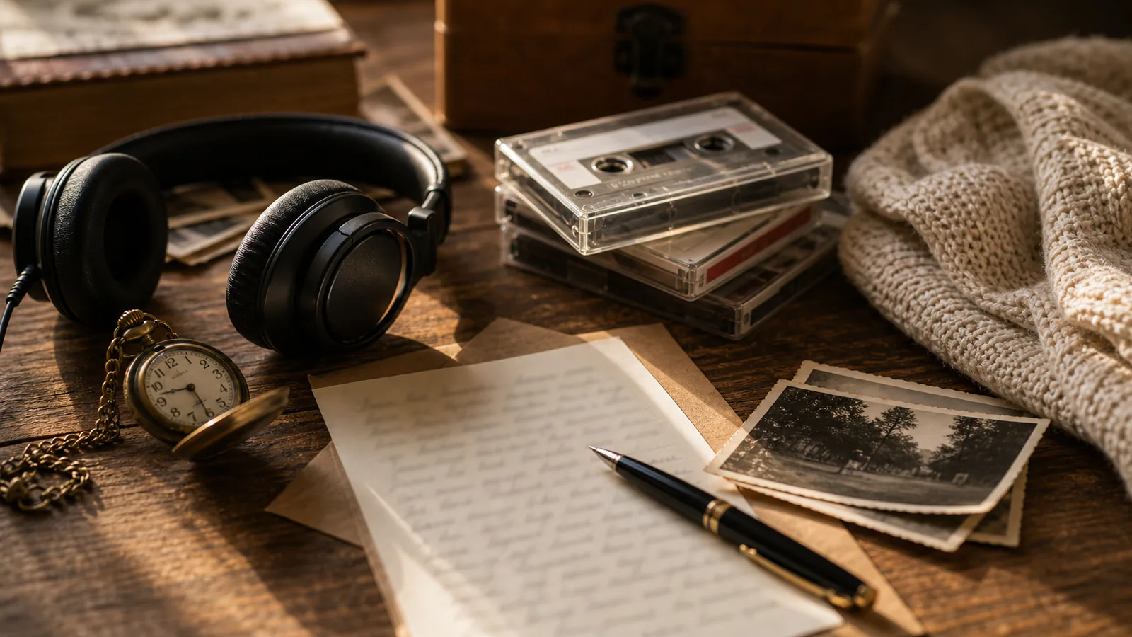 Custom Song for Grandparents supporting image showing a close-up of cassette tapes, a pocket watch, family photo corners, headphones, and a legacy song note with no readable writing.