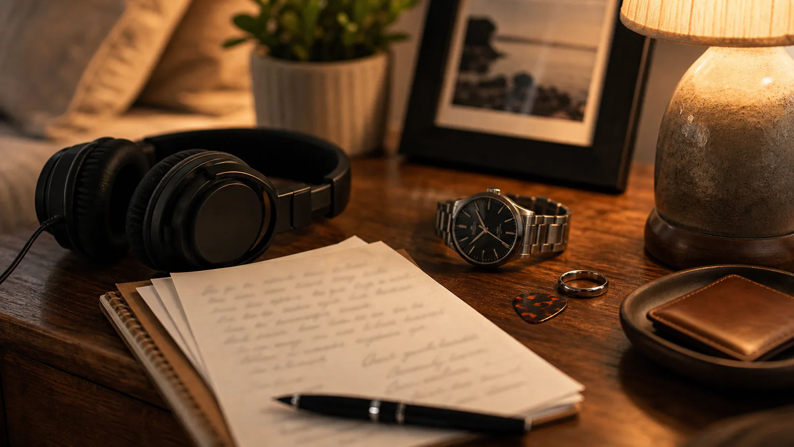 Custom Song for Husband supporting image showing a close-up of a watch, wedding ring, guitar pick, and handwritten tribute notes.