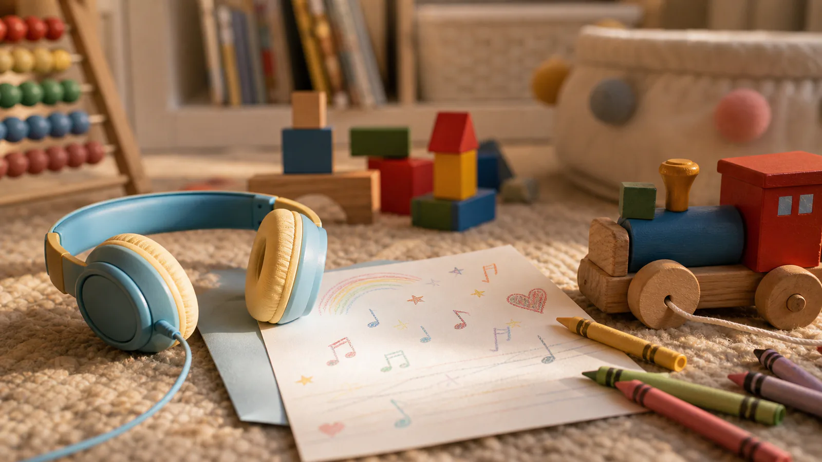 Custom Song for Kids supporting image showing a close-up of toys, headphones, crayons, and a custom song card with no readable text.